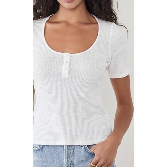 Vince Women's Short Sleeve Scoop Neck Henley Top Semi-Sheer Sz XXXL Optic White - Picture 4 of 12